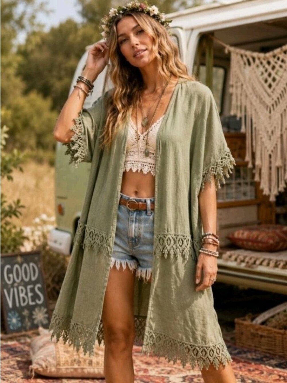Valentina Naldi Italian Linen Kimono Crochet Lace Detail Green One Size